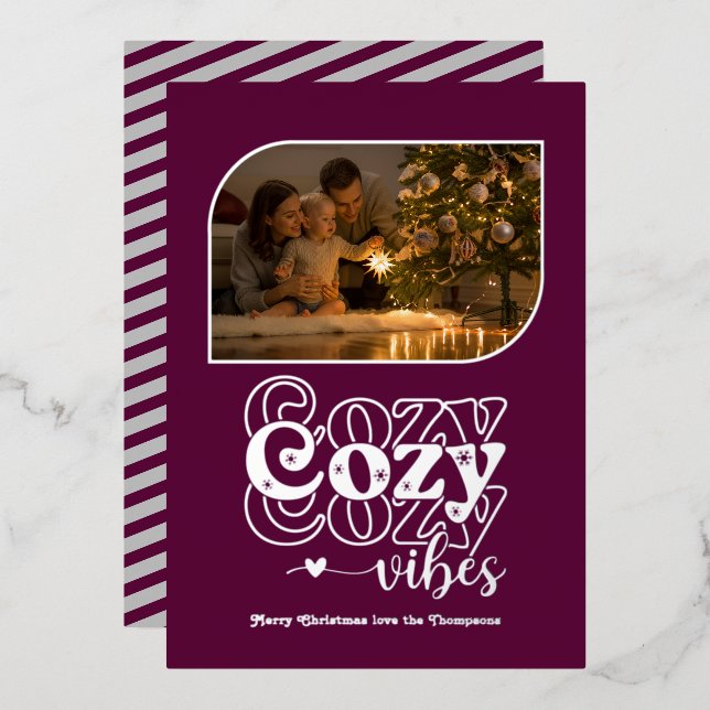 Plum & Silver Cozy Vibes Retro Christmas Photo Foil Holiday Card (Front/Back)