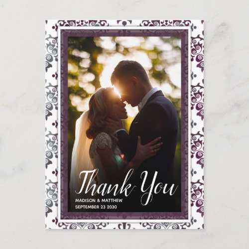 Plum Silver Damask Wedding Thank You Postcard