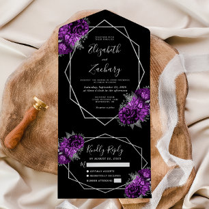Plum Silver Floral Geometric Black Wedding All In One Invitation