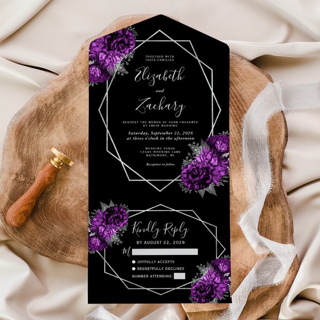 Plum Silver Floral Geometric Black Wedding All In One Invitation (Creator Uploaded)