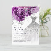 Plum & Silver Floral Wedding Dress Bridal Shower Invitation (Standing Front)