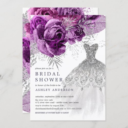 Plum  Silver Floral Wedding Dress Bridal Shower Invitation