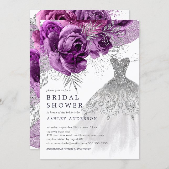 Plum & Silver Floral Wedding Dress Bridal Shower Invitation (Front/Back)