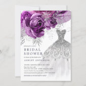 Plum & Silver Floral Wedding Dress Bridal Shower Invitation (Front)