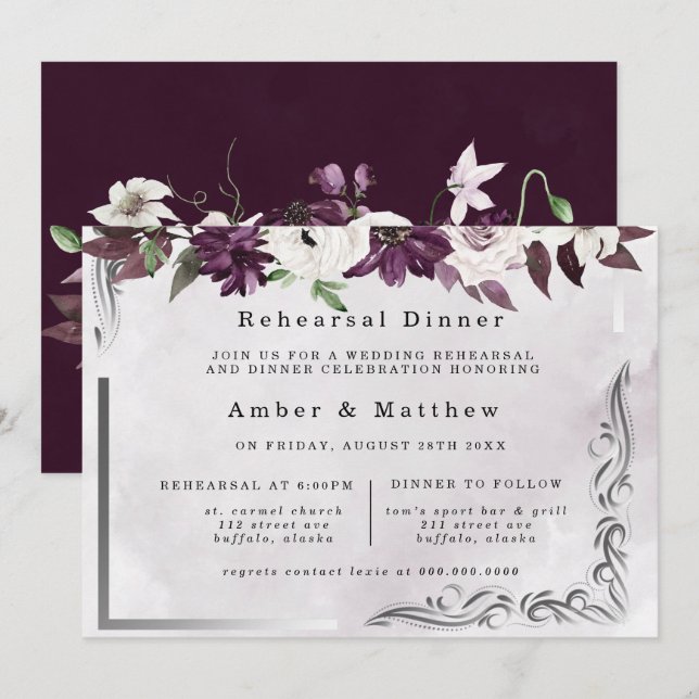 Plum Silver Geometric Floral Rehearsal Dinner Invitation (Front/Back)
