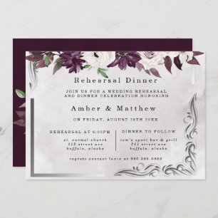 Plum Silver Geometric Floral Rehearsal Dinner Invitation