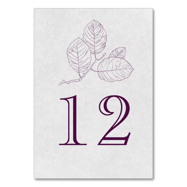 Plum Silver Gray Botanical Outline Elegant Wedding Table Number (Front)