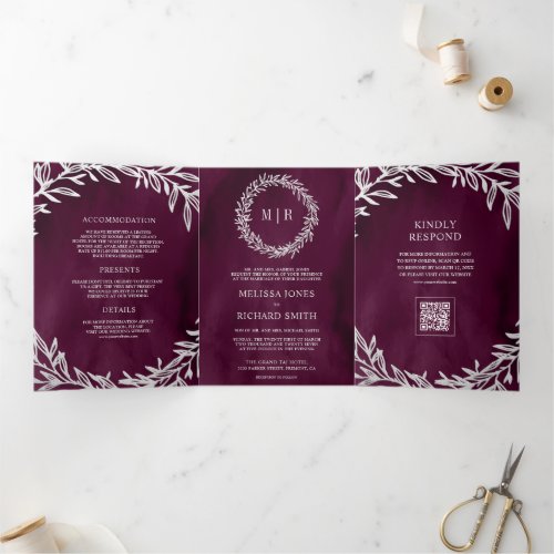 Plum Silver Leaf Branch QR Code Wedding Tri-Fold Invitation