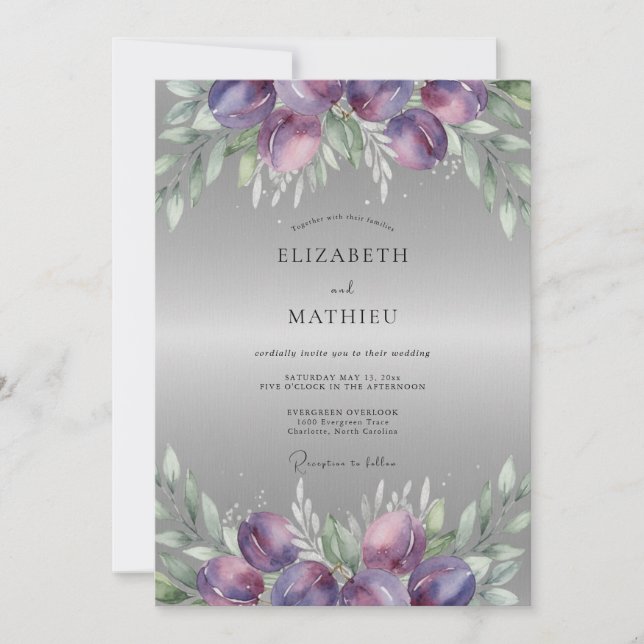 Plum Silver Ranunculus Eucalyptus Wedding Invitation (Front)