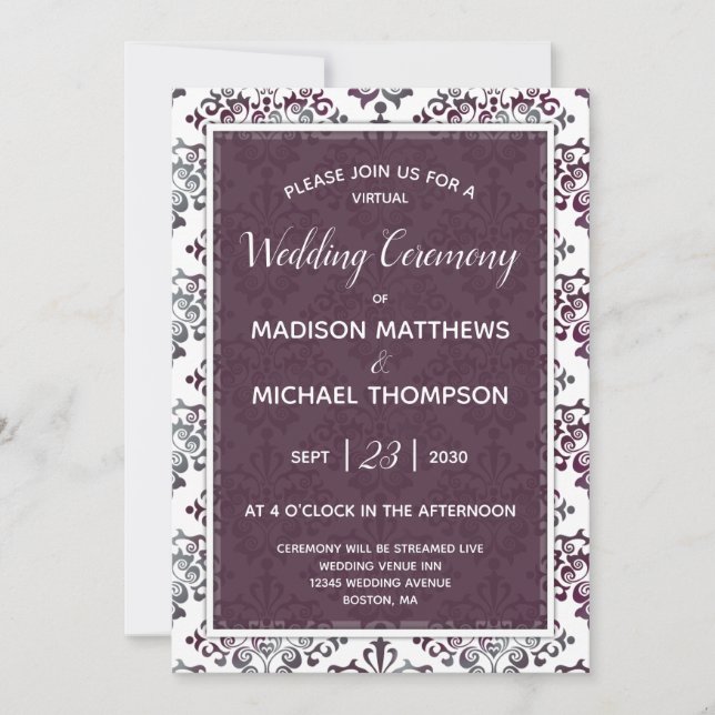 Plum Silver Virtual Wedding Livestream Wedding Invitation (Front)