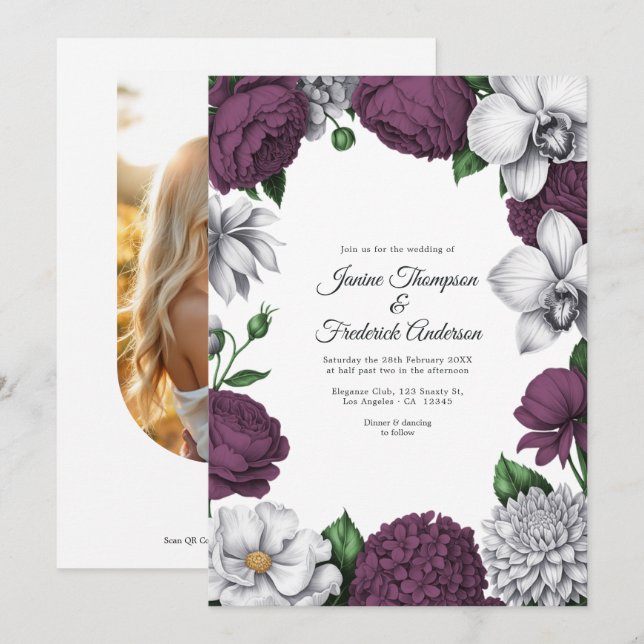 Plum & Silver Watercolor Floral Wedding Invitation (Front/Back)