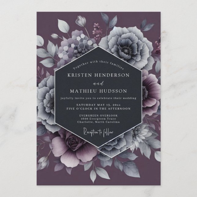 Plum Slate Dramatic Bloom Wedding Invitation (Front)
