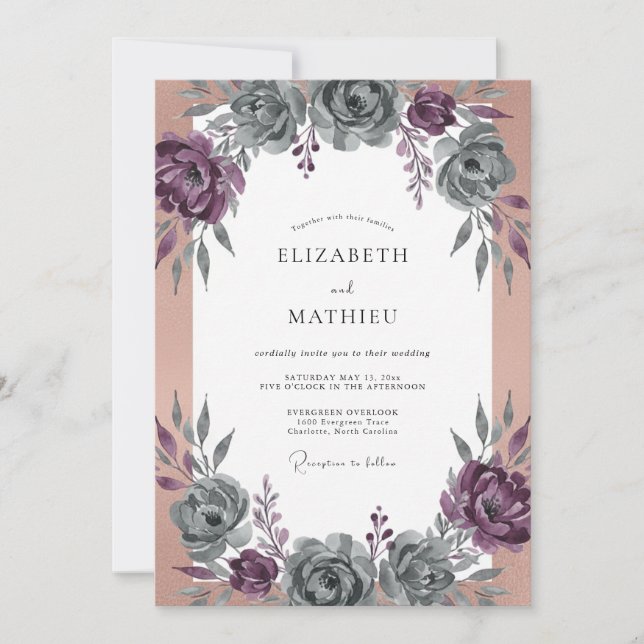 Plum Slate Ranunculus Eucalyptus Wedding Invitation (Front)