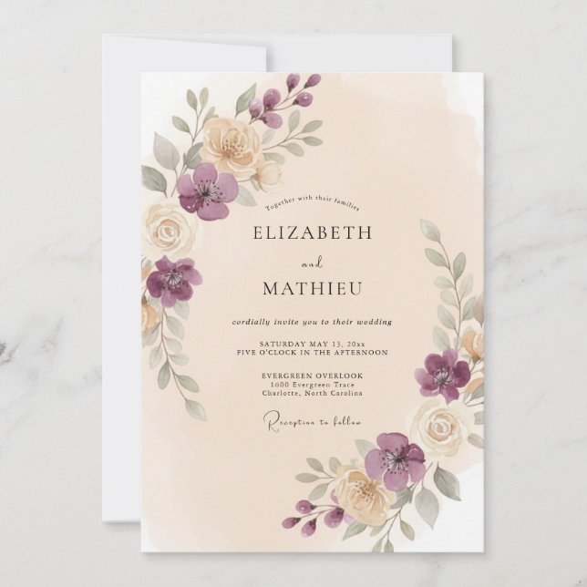 Plum Soft Floral Romance Wedding Invitation (Front)