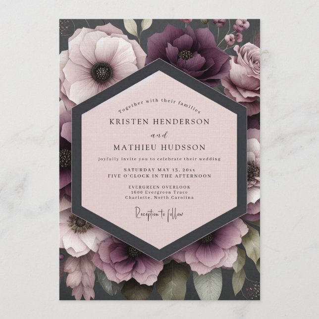 Plum Somber Anemone Wedding Invitation (Front)