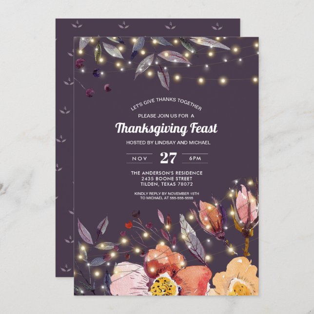 Plum | String Lights | Floral Thanksgiving Dinner Invitation (Front/Back)