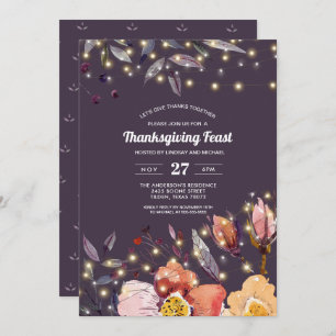 Plum String Lights Floral Thanksgiving Dinner Invitation