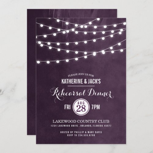 Plum String Lights Rehearsal Dinner Invitation