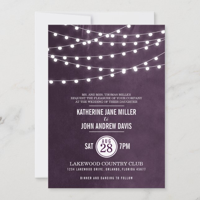 Plum String Lights Wedding Invitation (Front)