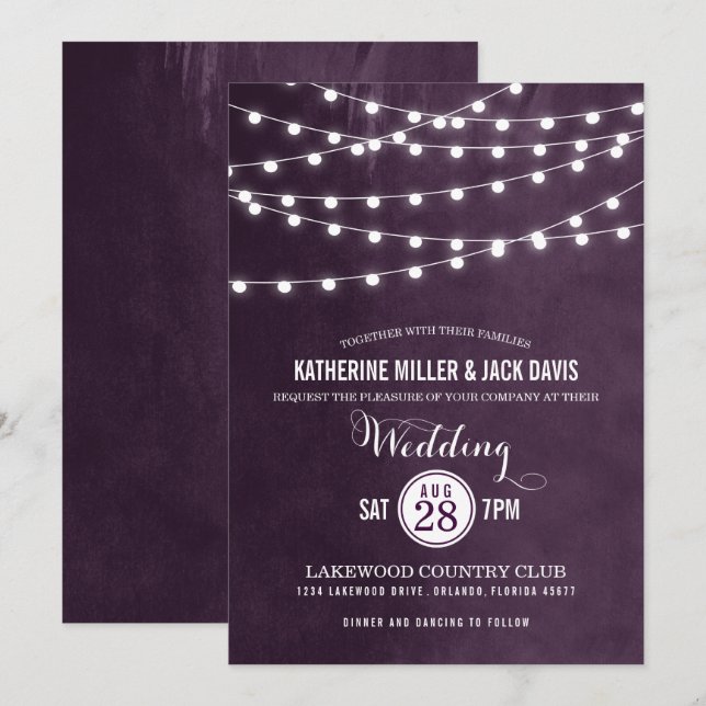Plum String Lights Wedding Invitation (Front/Back)