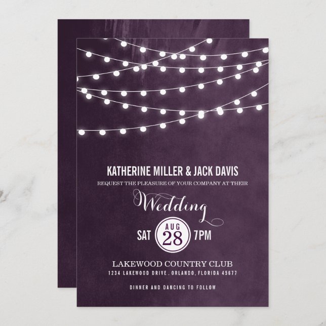 Plum String Lights Wedding Invitation (Front/Back)