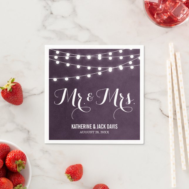Plum String Lights Wedding Monogram Napkins (Insitu)