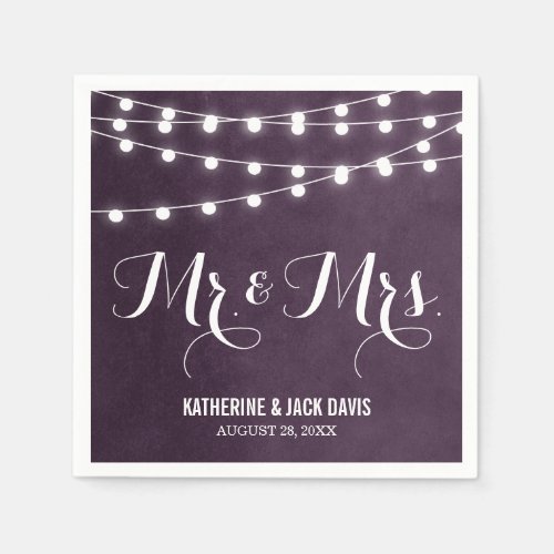 Plum String Lights Wedding Monogram Napkins