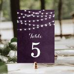Plum String Lights Wedding Table Numbers<br><div class="desc">Chic modern summer wedding table number card design with simple elegant glowing string lights hanging across the top and a classy mix of modern and calligraphy script fonts on a printed faux watercolor texture background. A simple and stylish preppy design, perfect for summer! Click the CUSTOMIZE IT button to customize...</div>