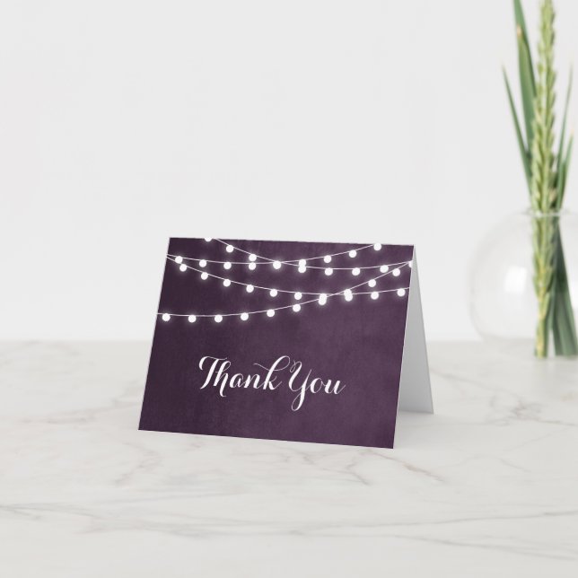 Plum String Lights Wedding Thank You Card (Front)