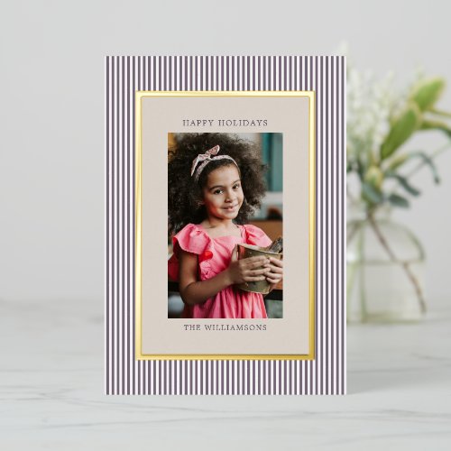 Plum Stripes Christmas Family Photo Elegant Gold Foil Holiday Card