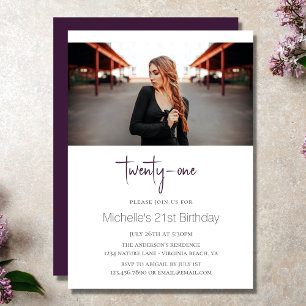 Plum Stylish Modern Photo 21st Birthday Invitation