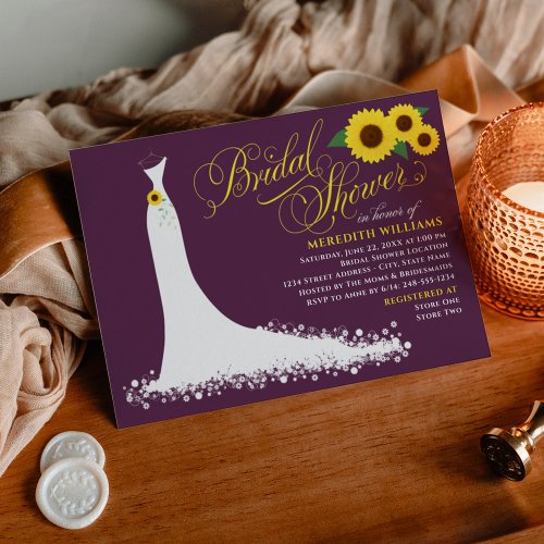 Plum Sunflower Wedding Gown Bridal Shower Invitation