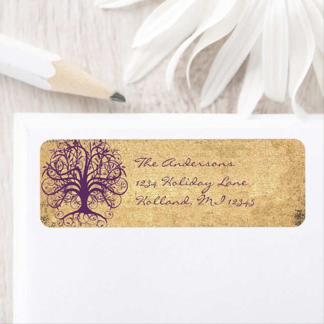 Plum Swirl Tree on Parchment Return Address Label (Insitu)