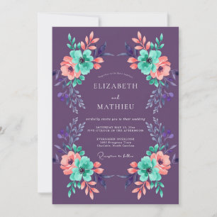 Plum Teal Coral Floral Watercolor Wedding Invitation
