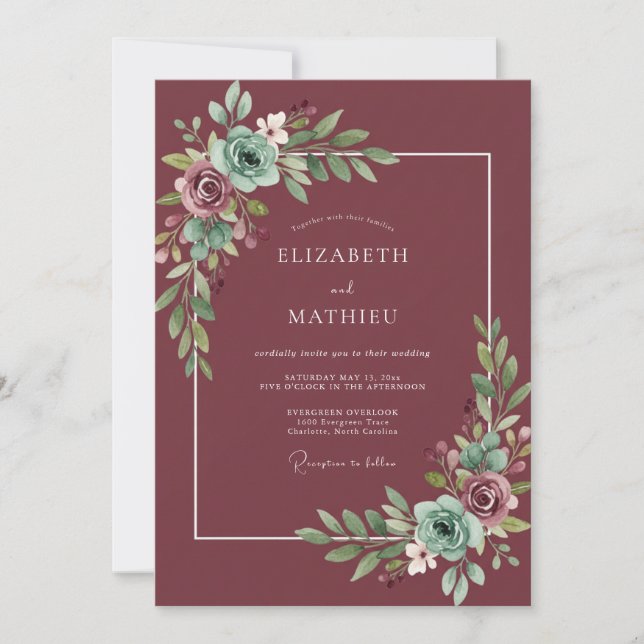 Plum Teal Leafy Wedding Invitation (Front)