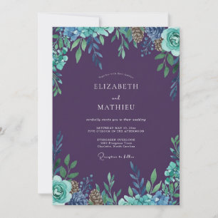 Plum Teal Watercolor Floral Wedding Invitation
