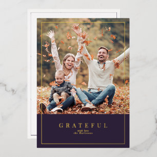 Plum Thanksgiving framed family photo Foil Holiday Card
