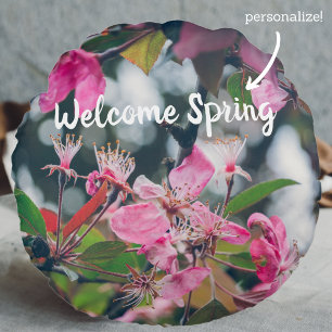 Plum Tree Branch with Pink Flowers Round Pillow