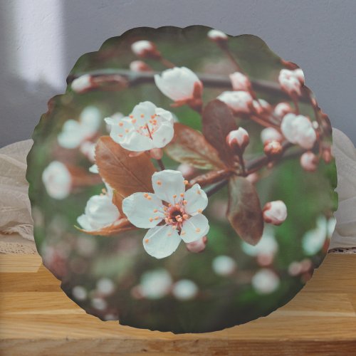 Plum Tree Branches with White Flowers Round Pillow