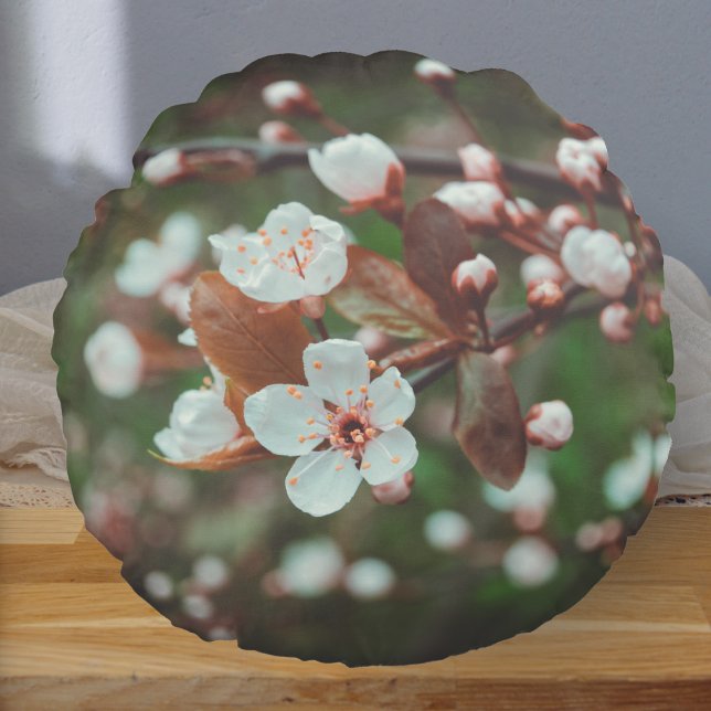 Plum Tree Branches with White Flowers Round Pillow (Creator Uploaded)