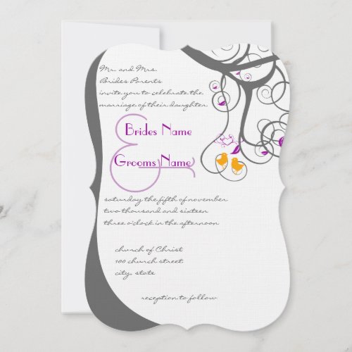 Plum Tree Swirls Love Birds Damask Back 2 Wedding Invitation