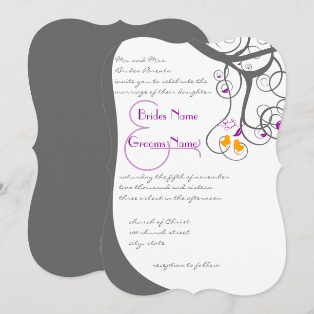 Plum Tree Swirls Love Birds Wedding Invitation (Front/Back)
