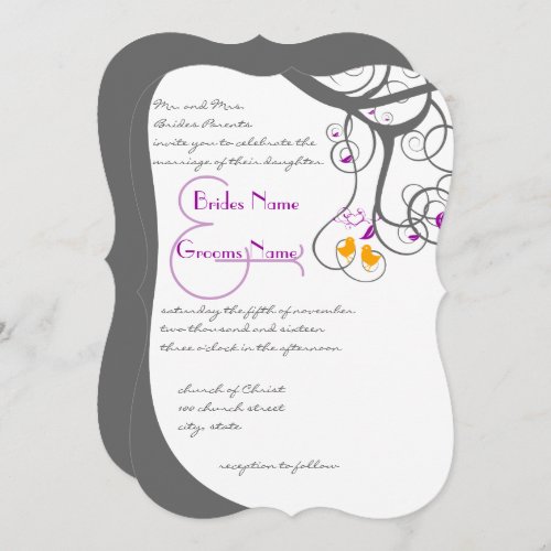 Plum Tree Swirls Love Birds Wedding Invitation