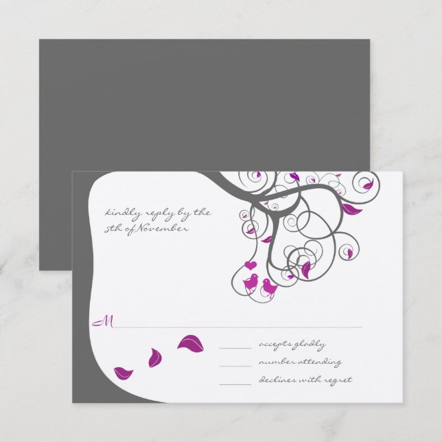 Plum Tree Swirls Love Birds Wedding Invitation (Front/Back)
