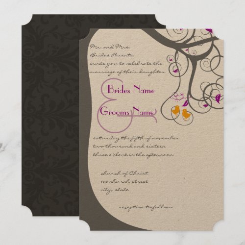 Plum Tree Swirls Love Birds Wedding Invitation