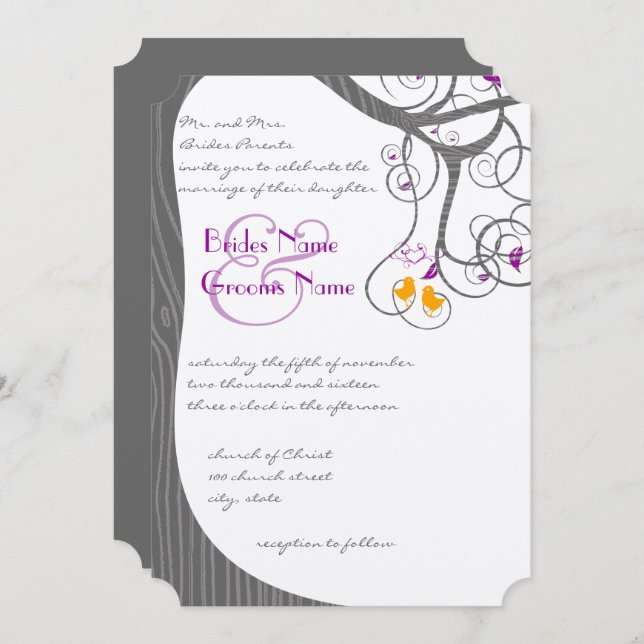 Plum Tree Wood Grain Love Birds Wedding Invitation (Front/Back)