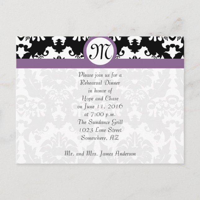 Plum Trim Black Damask Hearts Rehearsal Dinner Invitation Postcard (Front)
