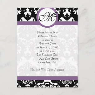 Plum Trim Black Damask Hearts Rehearsal Dinner Invitation Postcard