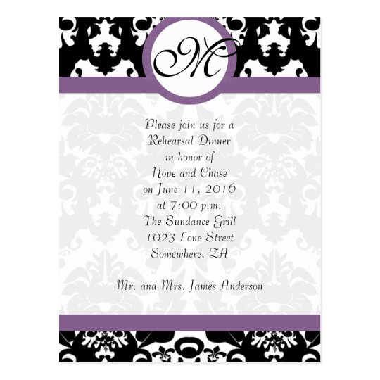 Plum Trim Black Damask Hearts Rehearsal Dinner Postcard