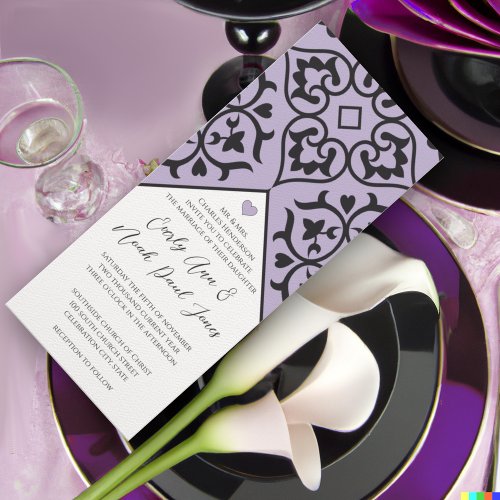 Plum Trim Black Damask Swirls Wedding Invitation